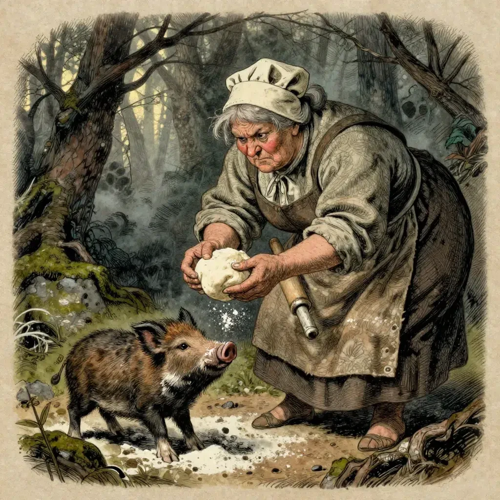 Gammal kokerska matar en liten vildsvinskulting med bröd i skogen.