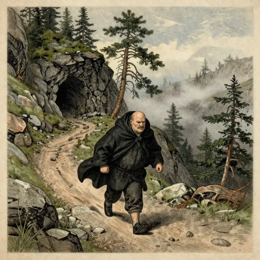 Kåpklädd vandrare går längs en stig genom dimmiga berg.