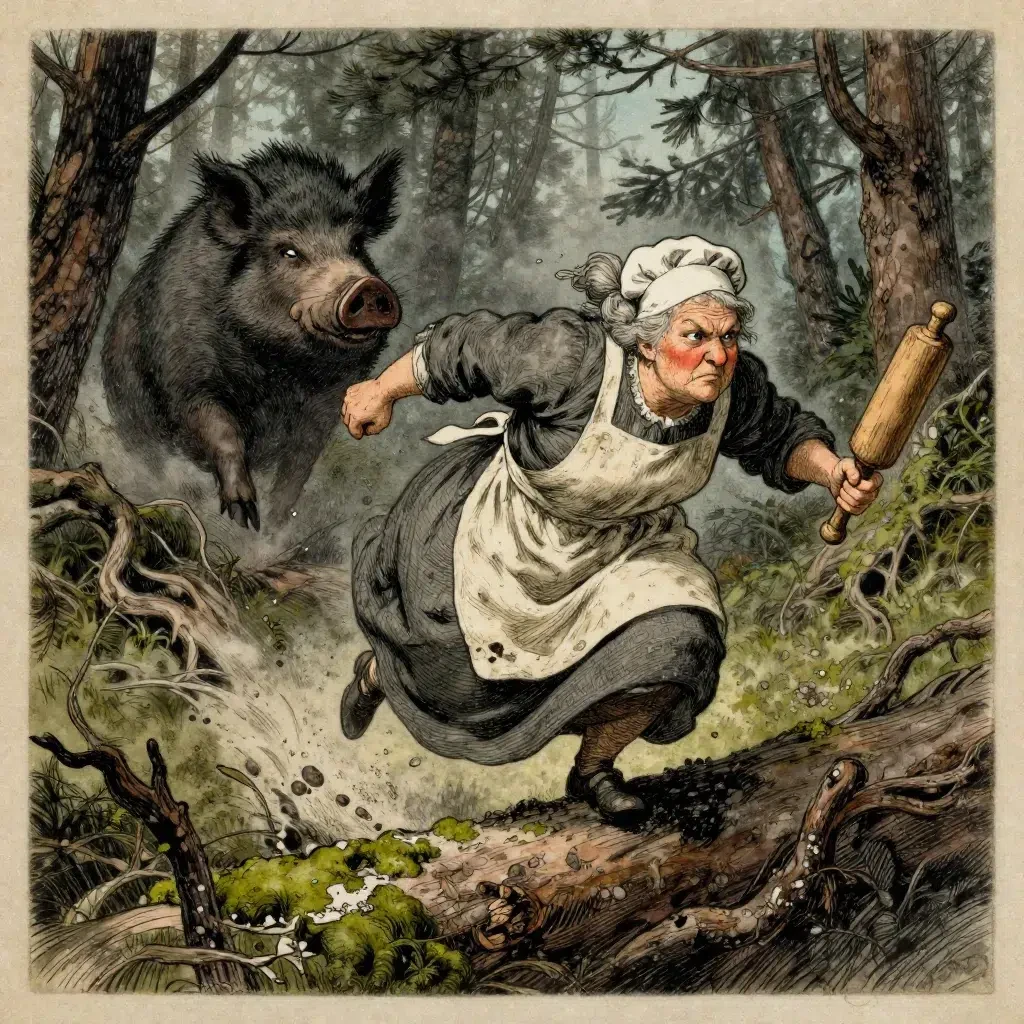 Gammal kokerska med brödkavel flyr undan ett vildsvin i mörk skog.