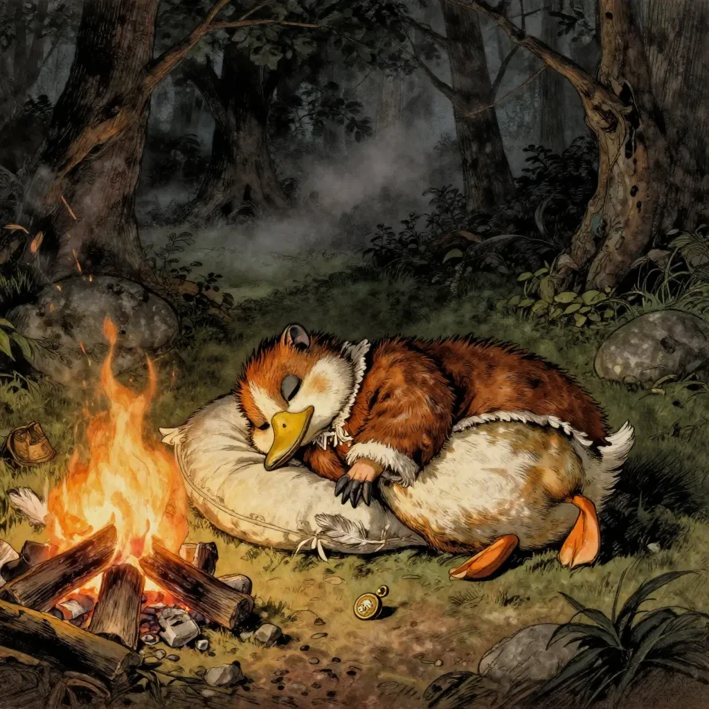 Lurvig fågelliknande varelse sover vid en lägereld i skogen.