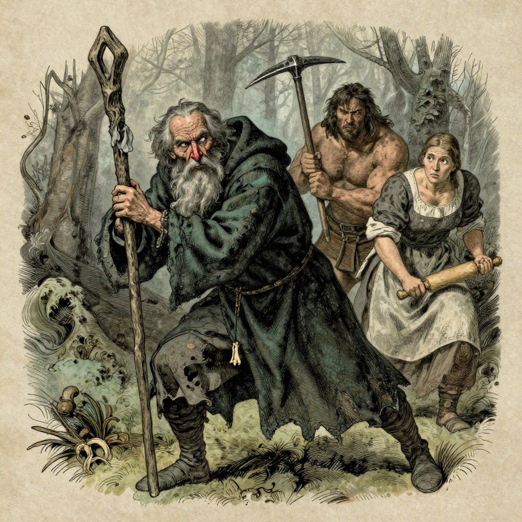 En trollkarl med stav, en kraftig man med hacka och en kvinna med kavel i vissen skog.