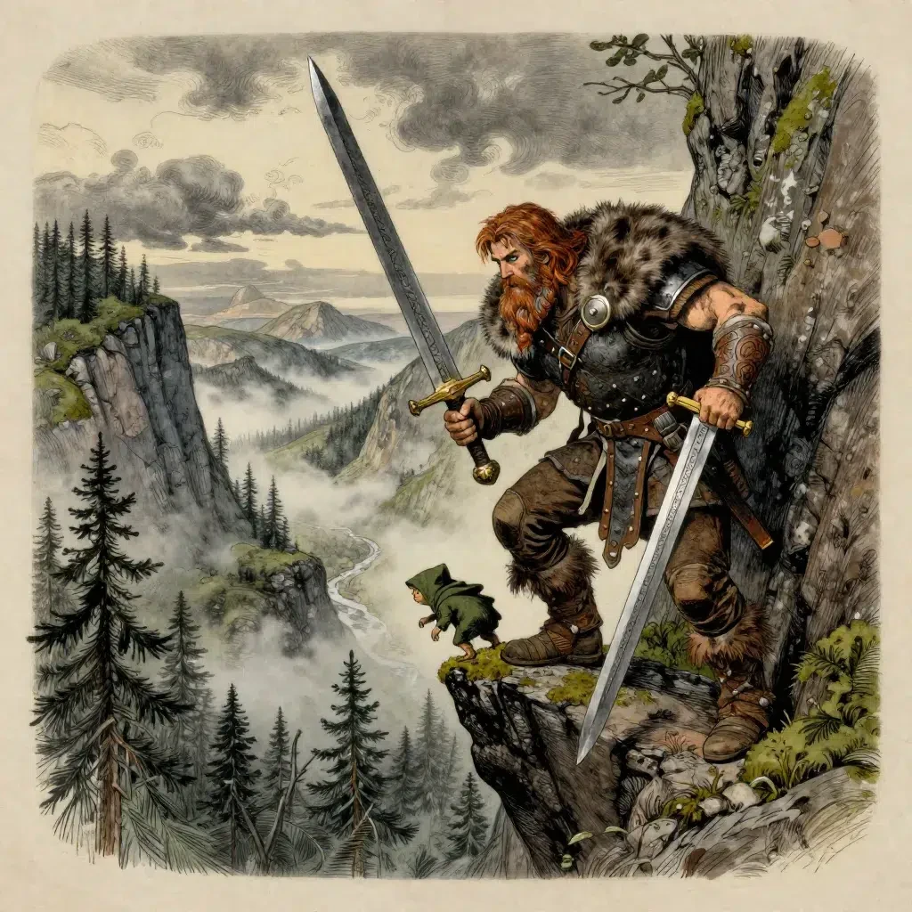 Rödskäggig krigare med svärd på en bergsklippa, en liten grön vätte intill.