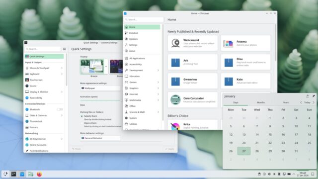 KDE Plasma 6.6-skrivbord med systeminställningar, programcentralen Discover och kalenderfönster öppna.