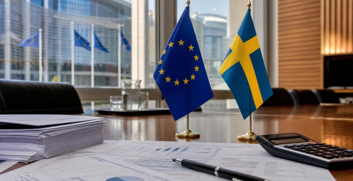 EU- och Sverigeflaggor vid ett konferensbord med ekonomiska handlingar.