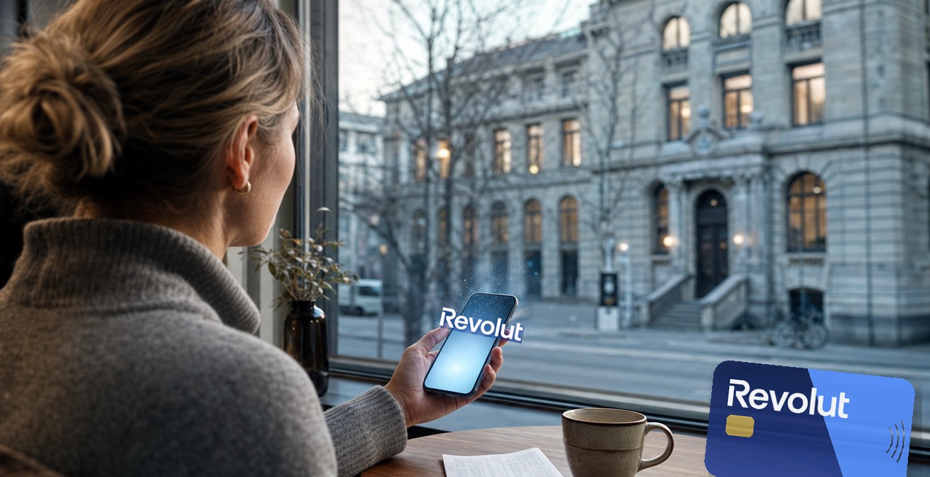 En bankkund håller en mobil med Revolut-logotyp och ett Revolut-kort på bordet, med en traditionell bankfasad i bakgrunden.