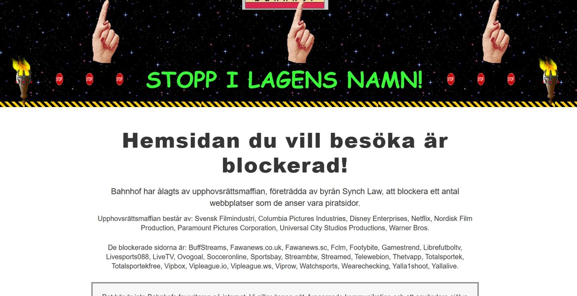 Bahnhofs blockeringssida med texten ”Hemsidan du vill besöka är blockerad”.