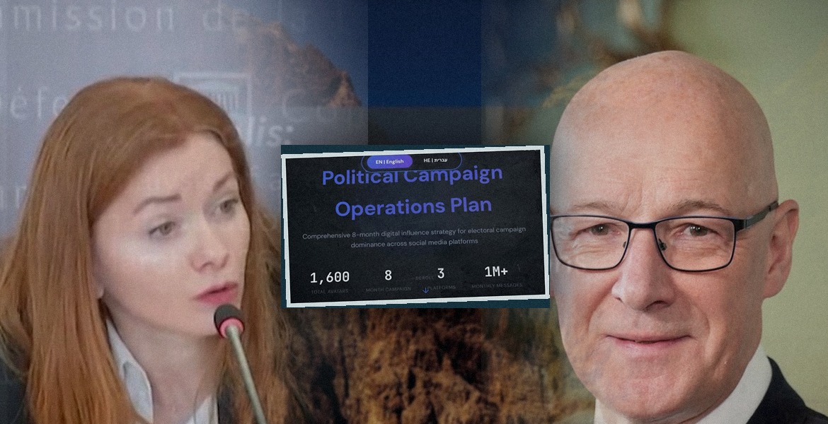 Redaktionellt montage med Anne-Sophie Dhiver från Viginum till vänster, BlackCores kampanjplan i mitten och John Swinney till höger.