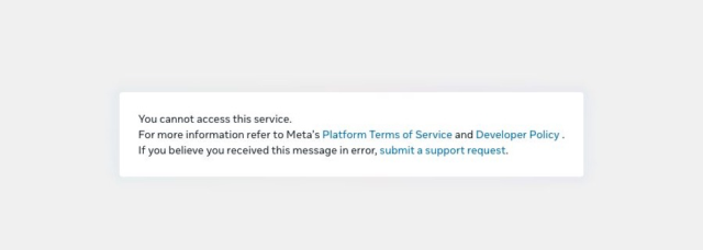 Metas developersida med besked om att tjänsten inte kan nås