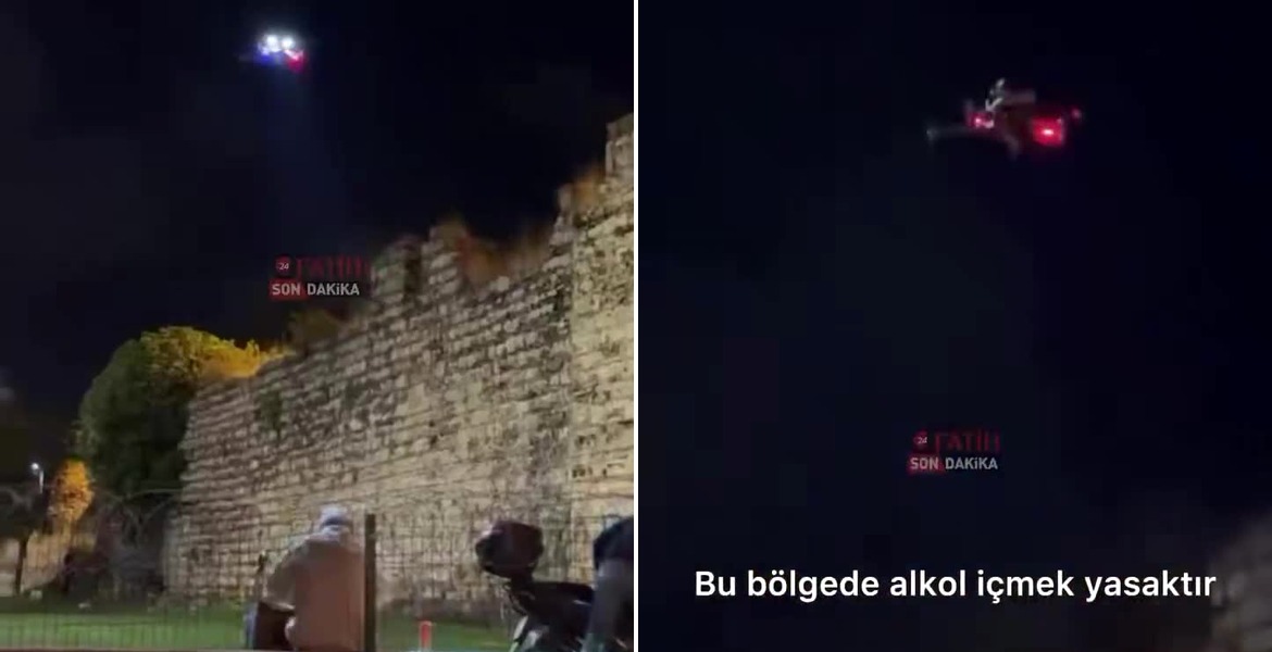 Två videorutor visar en polisdrönare ovanför Istanbuls historiska stadsmur och budskapet att alkohol är förbjuden i området.