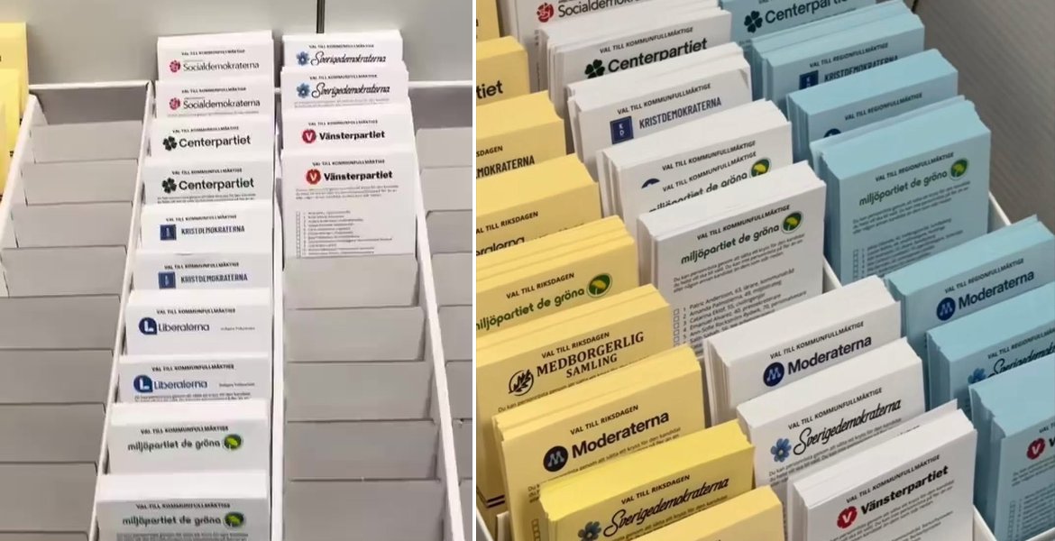 Montage av valsedelsställ i Malmö och Järfälla där flera fack är tomma och Medborgerlig Samlings gula valsedel syns.