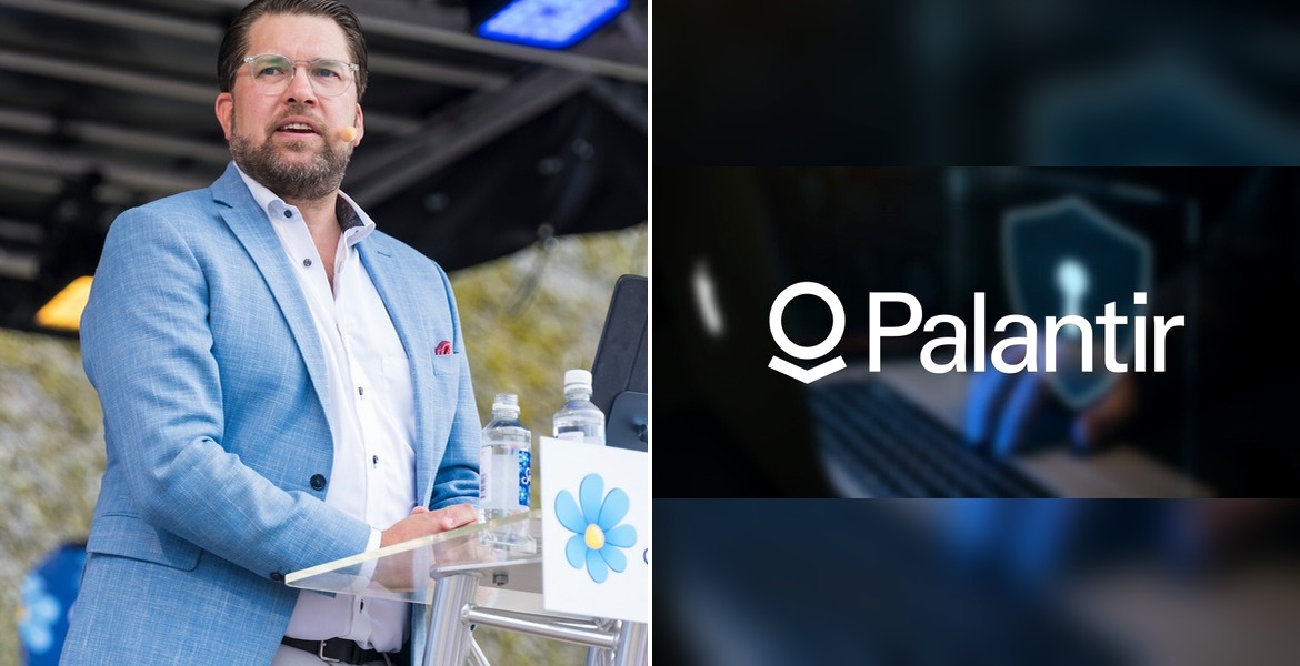 Montage med Jimmie Åkesson till vänster och Palantirs logotyp till höger.