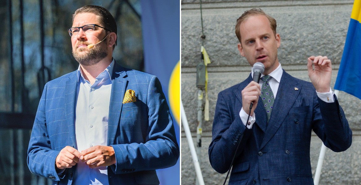 Jimmie Åkesson och Gustav Kasselstrand sida vid sida i ett fotomontage.