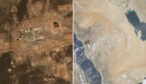 Satellitbilder som visar en skadad pumpstation och en rökplym över Saudiarabien.