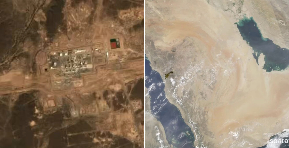 Satellitbilder som visar en skadad pumpstation och en rökplym över Saudiarabien.