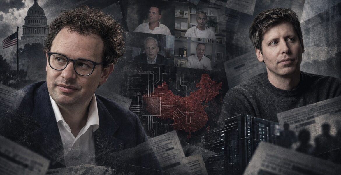 Dario Amodei och Sam Altman blickar åt sidan i ett gråtonat montage med USA:s kongress, ett datachip, Kina och ett videosamtal.