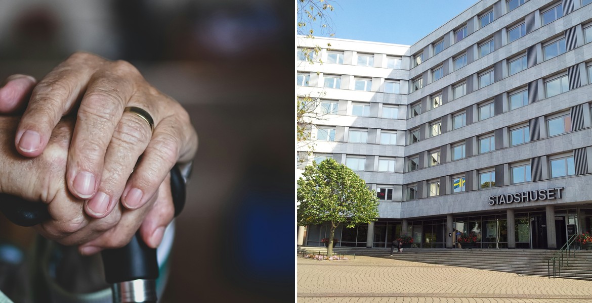 Montage med en äldre persons hand på en käpp och Malmö stadshus.