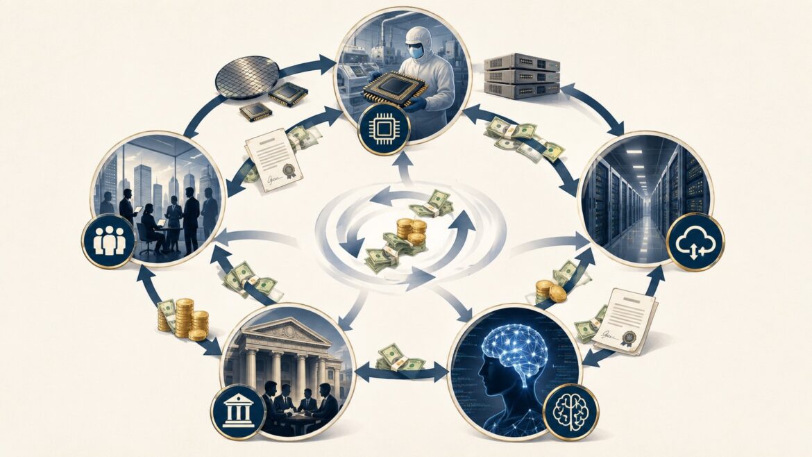 Illustration av ett cirkulärt AI-ekosystem där pengar, chip, datacenter och modeller är sammankopplade