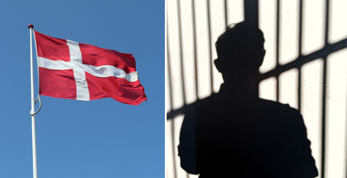 Montage med Danmarks flagga och en manssilhuett bakom galler