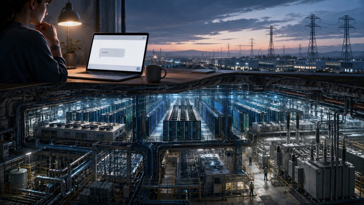 Illustration av en person vid en laptop och den datacenterinfrastruktur som döljer sig bakom en AI-fråga