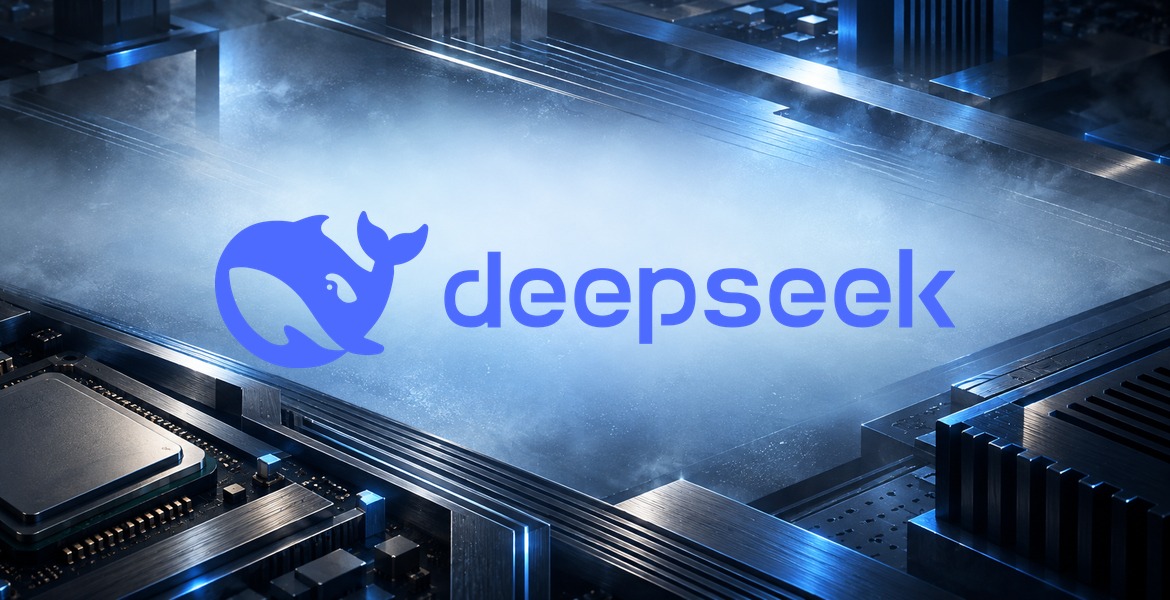 DeepSeeks blå vallogotyp och namn mot en illustrerad miljö av kretsar och processorer.