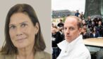 Porträtt av Elsa Widding mot ljusgrå bakgrund och Gustav Kasselstrand i vit jacka framför en folksamling.