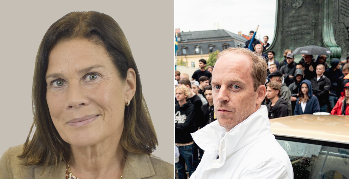 Porträtt av Elsa Widding mot ljusgrå bakgrund och Gustav Kasselstrand i vit jacka framför en folksamling.