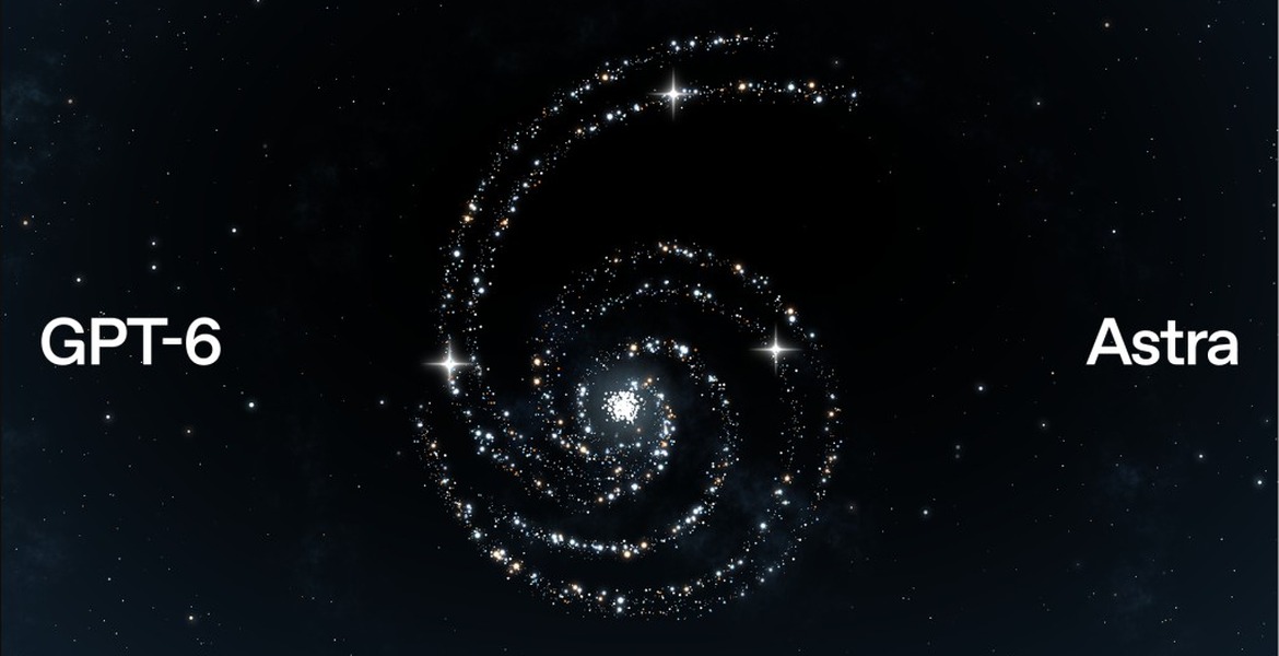 Galaxspiral formad som siffran 6 med orden GPT-6 och Astra