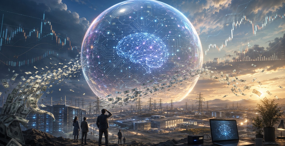 Illustration av en lysande AI-bubbla över datacenter, elnät, börskurvor och sedelströmmar