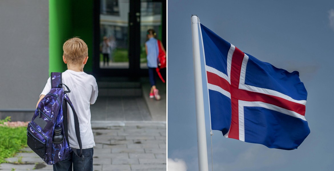 En elev med ryggsäck på väg till skolan, bredvid en isländsk flagga.