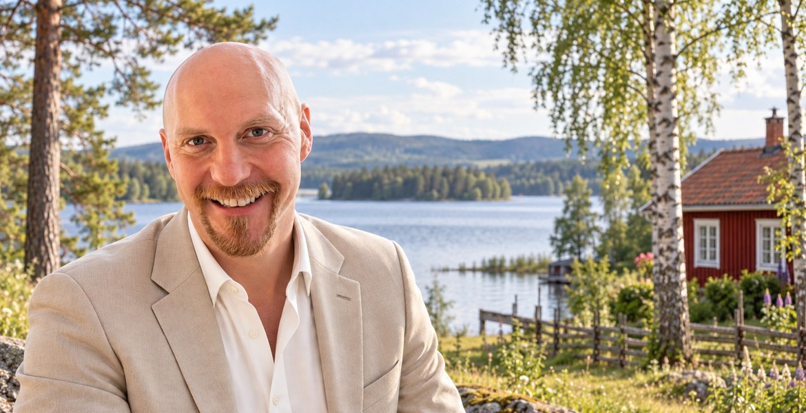 Joel Iverlöv, affärsansvarig på Dalwebb, vid en sjö med en röd stuga.