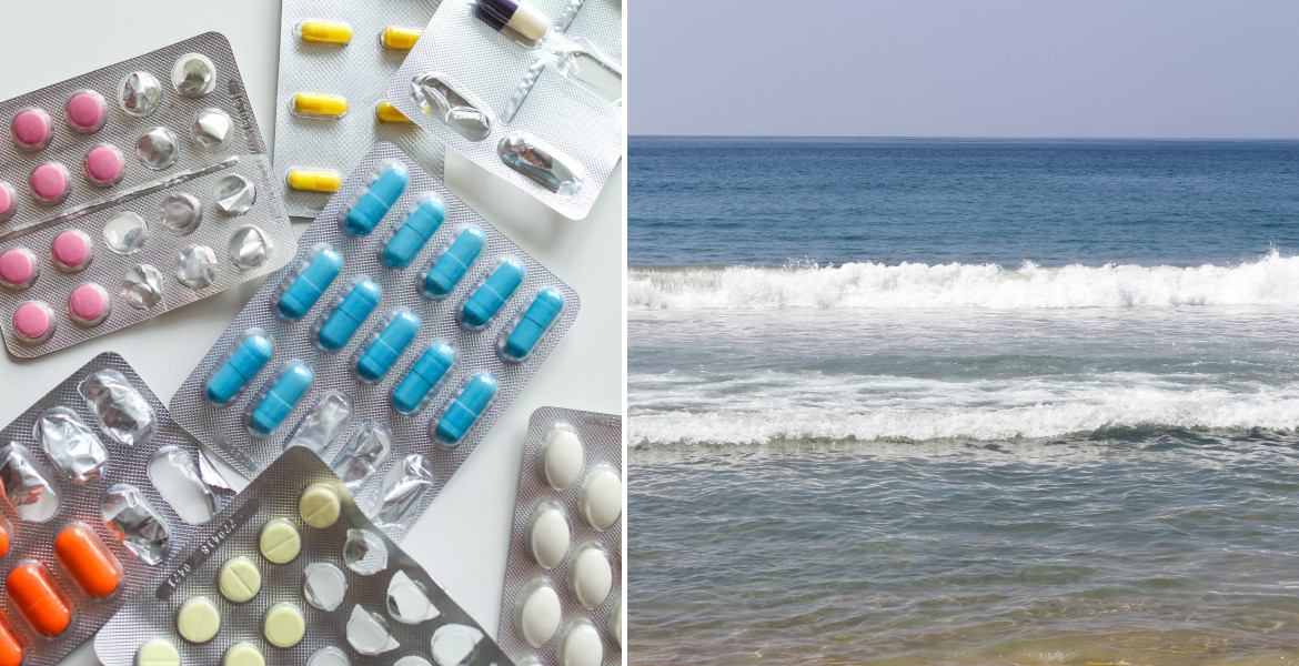 Montage med läkemedelsförpackningar till vänster och vågor mot en strand till höger