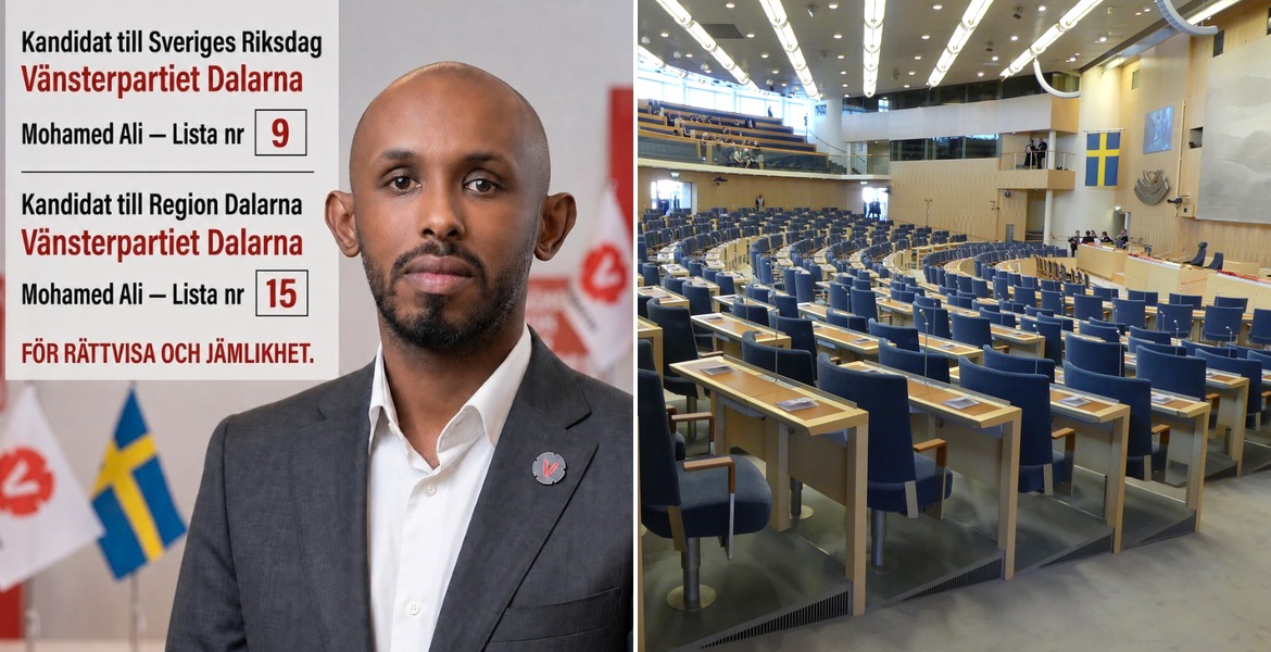 Mohamed Abdukardir Alis valaffisch för Vänsterpartiet och riksdagens plenisal
