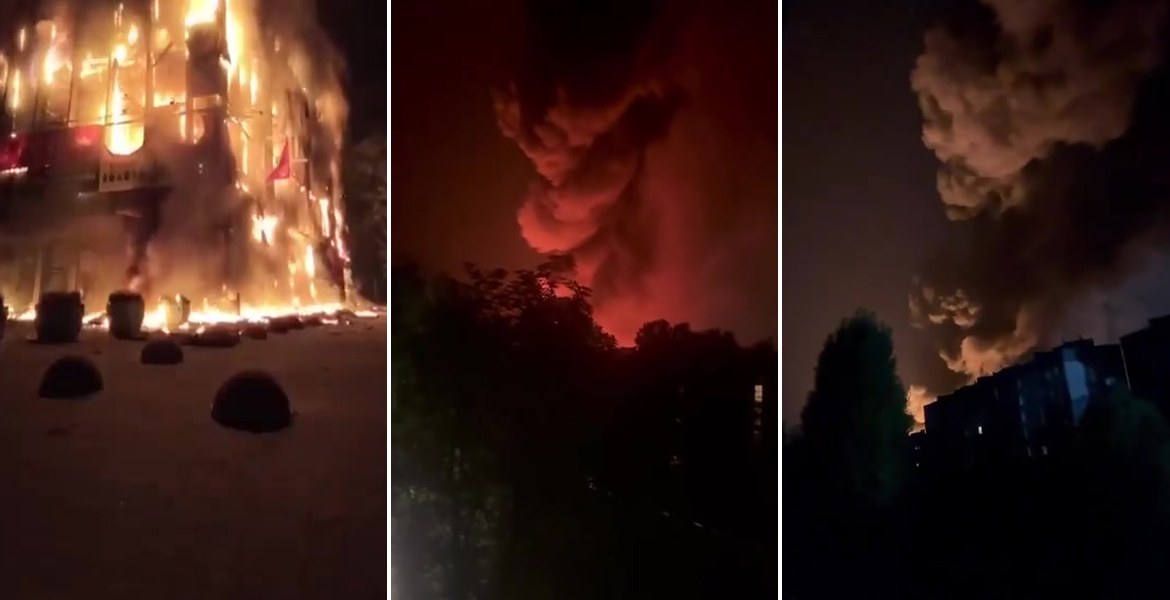 Brinnande byggnad och rökpelare efter nattliga anfall mot Ukraina.