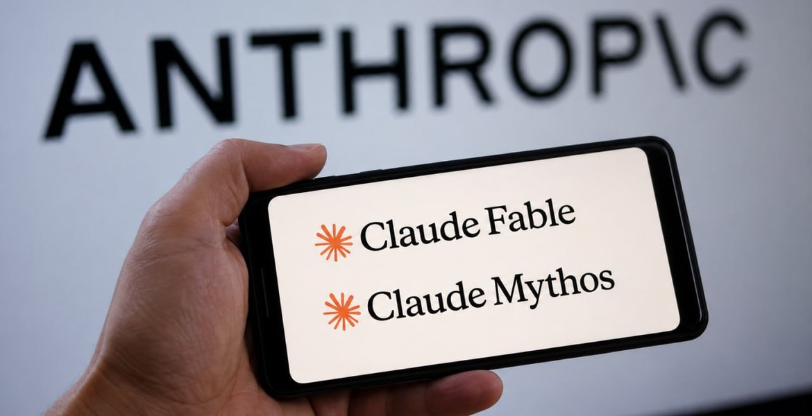 En hand håller en mobil som visar namnen Claude Fable och Claude Mythos framför Anthropics logotyp