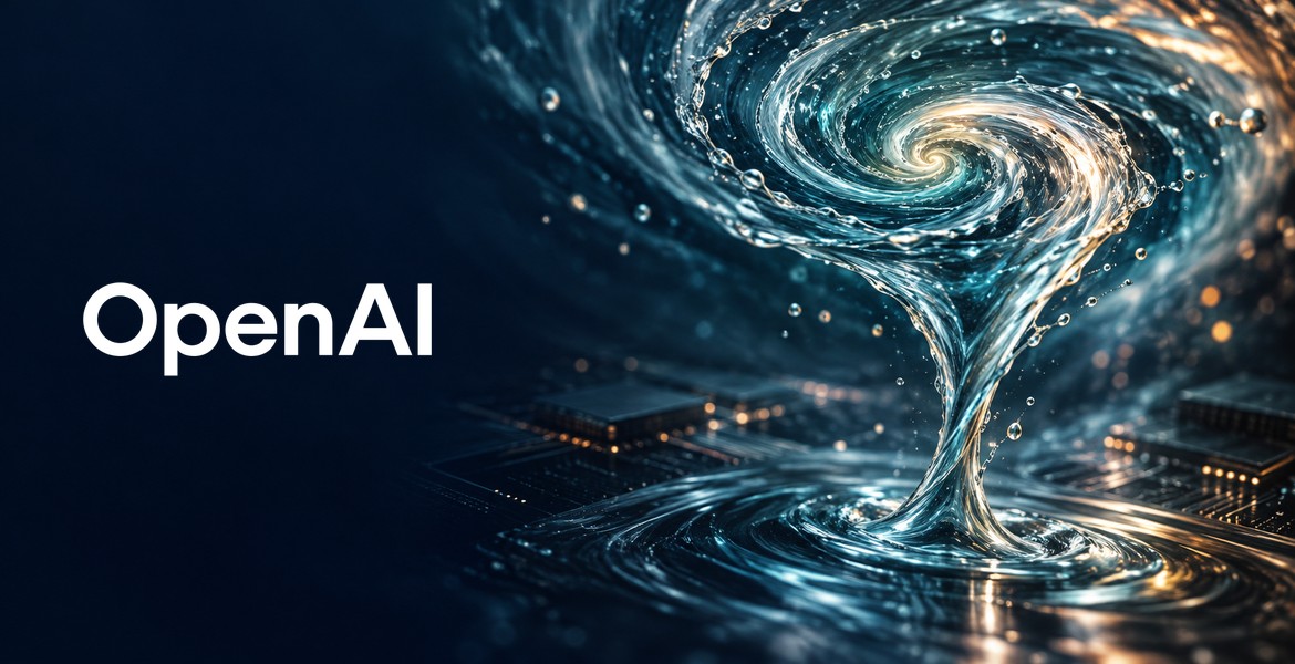OpenAI:s ordmärke tillsammans med en illustrerad vätskevirvel och datorkretsar.