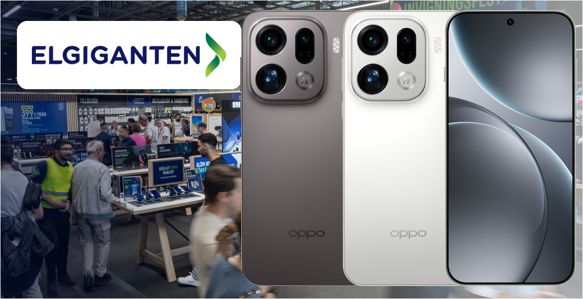 Elgiganten-butik med kedjans logotyp och tre vyer av Oppo Find X9 Pro