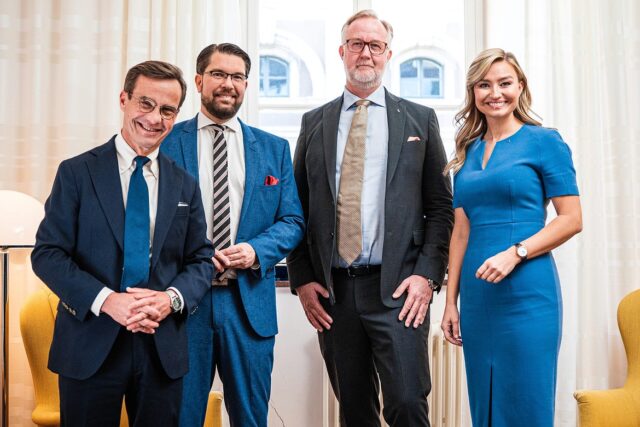 Ulf Kristersson, Jimmie Åkesson, Johan Pehrson och Ebba Busch inför presentationen av Tidöavtalet