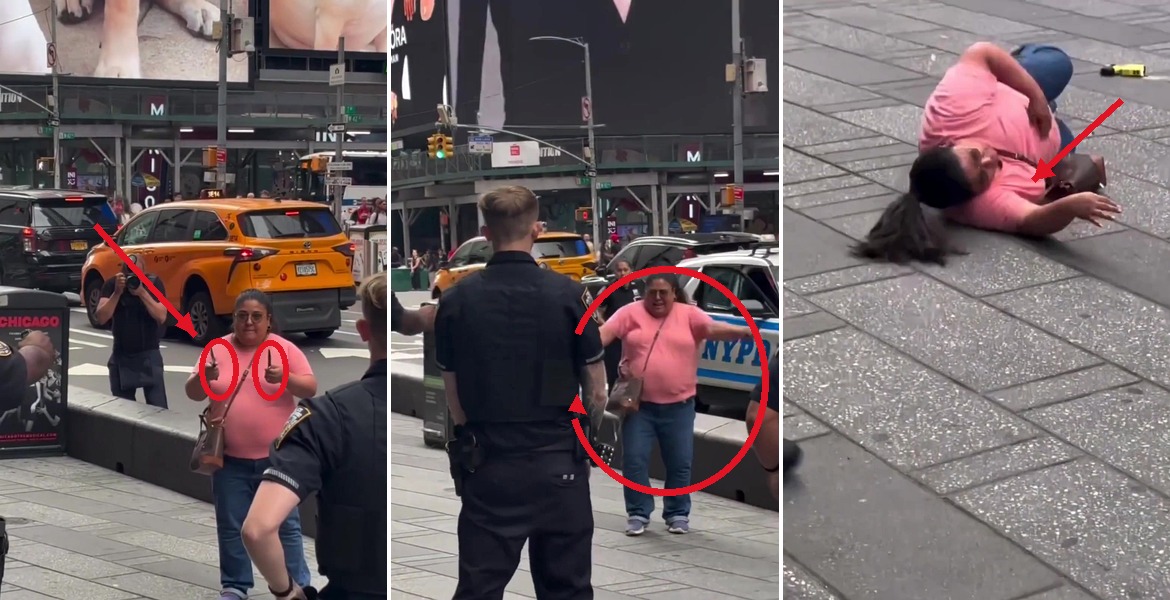 Pamela Cisneros med två knivar, framför poliser och liggande på marken efter skottlossningen på Times Square.