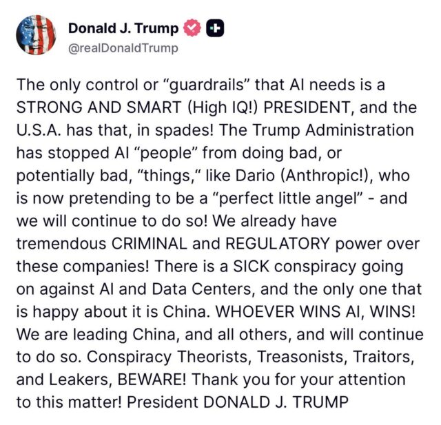 Skärmbild av Donald Trumps engelska Truth Social-inlägg om AI-utveckling och statlig kontroll.