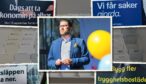 Jimmie Åkesson omgiven av rivna valaffischer från S, M, C och MP mot en bakgrund av valsedlar.