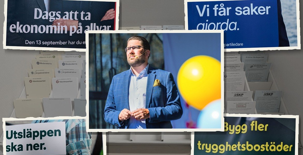 Jimmie Åkesson omgiven av rivna valaffischer från S, M, C och MP mot en bakgrund av valsedlar.