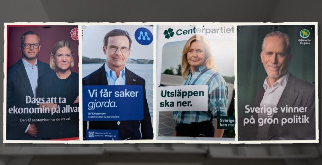 Fyra rivna valaffischer från S, M, C och MP mot en bakgrund av valsedlar.