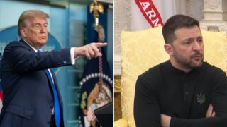 Autentiskt splitmontage: Donald Trump pekar åt höger och Volodymyr Zelenskyj sitter med korsade armar.