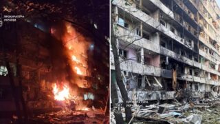 Två fotografier av ett skadat bostadshus i Kiev: brand under natten till vänster och brandskadad fasad i dagsljus till höger.