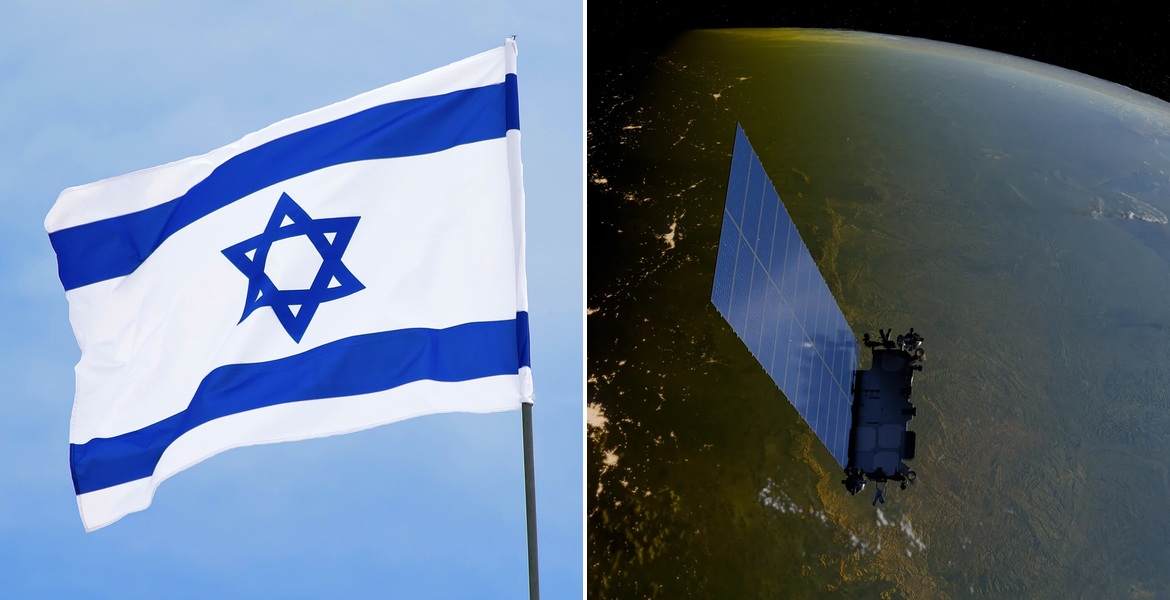 Israels flagga till vänster och en 3D-illustration av en Starlinksatellit ovanför jorden till höger.