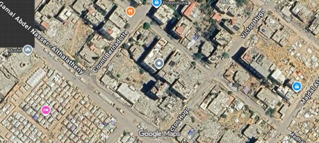 Satellitbild från Google Maps över Count Bernadotte i Gaza stad, med raserade kvarter och gatunamn.