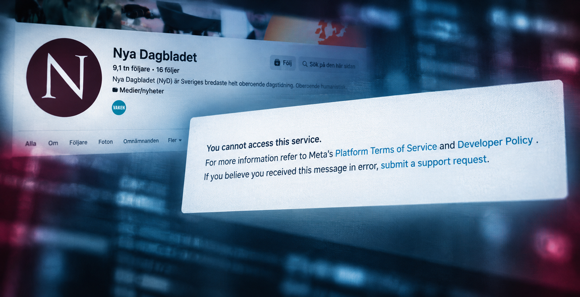 Redaktionellt montage av Metas besked ”You cannot access this service.” och Nya Dagbladets Facebook-sida i stålblå och vinröd