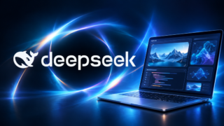 Illustrativt montage med DeepSeeks vita logotyp och en vardagsdator med abstrakta verktygsytor i blått och cyan.