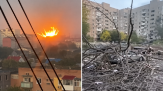 Splitmontage med en ljus explosion ovanför bebyggelse till vänster och bråte framför flerbostadshus till höger, från klipp publicerade som bilder från Pryluky respektive Krementjuk.