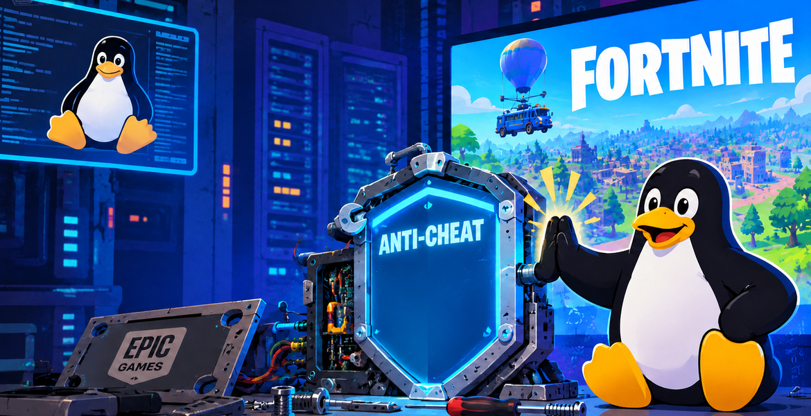 Redaktionell illustration med Linux-pingvinen Tux, Fortnite-motiv och en sköld som symboliserar fuskskydd.
